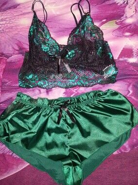 Green Satin & Black Lace Lingerie Set - Emerald Green